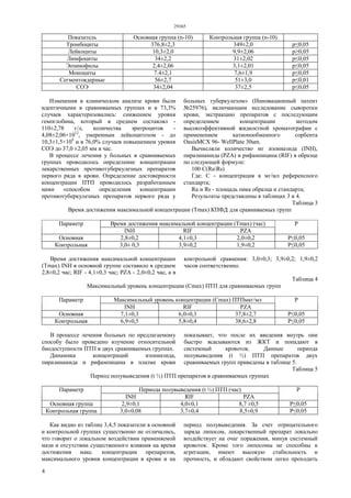 29365
4
Показатель Основная группа (n-10) Контрольная группа (n-10)
Тромбоциты 376,8±2,3 349±2,0 р≤0,05
Лейкоциты 10,3±2,0 9,9±2,06 р≥0,05
Лимфоциты 34±2,2 31±2,02 р≤0,05
Эозинофилы 2,4±2,06 3,1±2,01 р≤0,05
Моноциты 7.4±2,1 7,6±1,9 р≤0,05
Сегментоядерные 56±2,7 51±3,0 р≤0,01
СОЭ 34±2,04 37±2,5 р≤0,05
Изменения в клиническом анализе крови были
идентичными в сравниваемых группах и в 73,3%
случаев характеризовались: снижением уровня
гемоглобина, который в среднем составлял -
110±2,78 г/л, количества эритроцитов -
4,08±2,06×1012
, умеренным лейкоцитозом - до
10,3±1,5×109
и в 76,0% случаев повышением уровня
СОЭ до 37,0 ±2,05 мм в час.
В процессе лечения у больных в сравниваемых
группах проводилось определение концентрации
лекарственных противотуберкулезных препаратов
первого ряда в крови. Определение достоверности
концентрации ПТП проводилось разработанным
нами «способом определения концентрации
противотуберкулезных препаратов первого ряда у
больных туберкулезом» (Инновационный патент
№25976), включающим исследование сыворотки
крови, экстракцию препаратов с последующим
определением концентрации методом
высокоэффективной жидкостной хроматографии с
применением катионообменного сорбента
OasisMCX 96- WellPlate 30um.
Вычисляли количество мг изониазида (INH),
пиразинамида (PZA) и рифампицина (RIF) в образце
по следующей формуле:
100 C(RuRs)
Где: С - концентрация в мг/мл референсного
стандарта;
Ru и Rs - площадь пика образца и стандарта;
Результаты представлены в таблицах 3 и 4.
Таблица 3
Время достижения максимальной концентрации (Тmах) КПФД для сравниваемых групп
Время достижения максимальной концентрации (Тmах) (час)Параметр
INH RIF PZA
Р
Основная 2,8±0,2 4,1±0,3 2,0±0,2 Р≤0,05
Контрольная 3,0± 0,3 3,9±0,2 1,9±0,2 Р≤0,05
Время достижения максимальной концентрации
(Тmах) INH в основной группе составило в среднем
2,8±0,2 час; RIF - 4,1±0,3 час; PZA - 2,0±0,2 час, а в
контрольной сравнения: 3,0±0,3; 3,9±0,2; 1,9±0,2
часов соответственно.
Таблица 4
Максимальный уровень концентрации (Cmах) ПТП для сравниваемых групп
Максимальный уровень концентрации (Сmах) ПТПмкг/млПараметр
INH RIF PZA
Р
Основная 7,1±0,3 6,0±0,3 37,8±2,7 Р≤0,05
Контрольная 6,9±0,5 5,8±0,4 38,6±2,8 Р≤0,05
В процессе лечения больных по предлагаемому
способу было проведено изучение относительной
биодоступности ПТП в двух сравниваемых группах.
Динамика концентраций изониазида,
пиразинамида и рифампицина в плазме крови
показывает, что после их введения внутрь они
быстро всасываются из ЖКТ и попадают в
системный кровоток. Данные периода
полувыведения (t ½) ПТП препаратов двух
сравниваемых групп приведены в таблице 5.
Таблица 5
Период полувыведения (t ½) ПТП препаратов в сравниваемых группах
Периода полувыведения (t ½) ПТП (час)Параметр
INH RIF PZA
Р
Основная группа 2,9±0,1 4,0±0,1 8,7 ±0,5 Р≤0,05
Контрольная группа 3,0±0,08 3,7±0,4 8,5±0,9 Р≤0,05
Как видно из таблиц 3,4,5 показатели в основной
и контрольной группах существенно не отличались,
что говорит о локальном воздействии применяемой
мази и отсутствии существенного влияния на время
достижения макс. концентрации препаратов,
максимального уровня концентрации в крови и на
период полувыведения. За счет отрицательного
заряда липосом, лекарственный препарат локально
воздействует на очаг поражения, минуя системный
кровоток. Кроме того липосомы не способны к
агрегации, имеют высокую стабильность и
прочность, и обладают свойством легко проходить
 