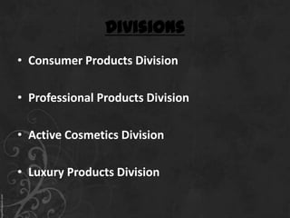 Divisions
• Consumer Products Division

• Professional Products Division

• Active Cosmetics Division

• Luxury Products Division
 
