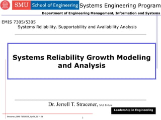 Stracener_EMIS 7305/5305_Spr08_02.14.08
1
Systems Reliability Growth Modeling
and Analysis
Dr. Jerrell T. Stracener, SAE Fellow
Leadership in Engineering
EMIS 7305/5305
Systems Reliability, Supportability and Availability Analysis
Systems Engineering Program
Department of Engineering Management, Information and Systems
 