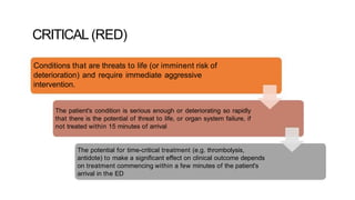 CRITICAL (RED)
Conditions that are threats to life (or imminent risk of
deterioration) and require immediate aggressive
intervention.
The patient's condition is serious enough or deteriorating so rapidly
that there is the potential of threat to life, or organ system failure, if
not treated within 15 minutes of arrival
The potential for time-critical treatment (e.g. thrombolysis,
antidote) to make a significant effect on clinical outcome depends
on treatment commencing within a few minutes of the patient's
arrival in the ED
 