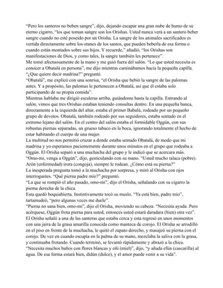 “Pero los santeros no beben sangre”, dijo, dejando escapar una gran nube de humo de su
eterno cigarro, “los que toman sangre son los Orishas. Usted nunca verá a un santero beber
sangre cuando no esté poseído por un Orisha. La sangre de los animales sacrificados es
vertida directamente sobre los otanes de los santos, que pueden beberla de esa forma o
cuando están montados sobre sus hijos. Y recuerde,” añadió, “los Orishas son
manifestaciones de Dios, y como tales, la sangre también les pertenece”.
Me tomó afectuosamente de la mano y me guió fuera del salón. “Lo que usted necesita es
conocer a Obatalá en persona”, me dijo mientras caminábamos hacia la pequeña capilla.
“¿Que quiere decir madrina?” pregunté.
“Obatalá”, me explicó con una sonrisa, “el Orisha que bebió la sangre de las palomas
antes. Y a propósito, las palomas le pertenecen a Obatalá, así que él estaba solo
participando de su propia comida”.
Mientras hablaba me dirigió escaleras arriba, guiándome hasta la capilla. Entrando al
salón, vimos que tres Orishas estaban teniendo consultas dentro. En una pequeña banca,
directamente a la izquierda del altar, estaba el primer Babalú, rodeado por un pequeño
grupo de devotos. Obatalá, también rodeado por sus seguidores, estaba sentado en el
extremo lejano del salón. En el centro del salón estaba el formidable Oggún, con sus
robustas piernas separadas, un grueso tabaco en la boca, ignorando totalmente el hecho de
estar habitando el cuerpo de una mujer.
La multitud no nos permitió cruzar a donde estaba sentado Obatalá, de modo que mi
madrina y yo esperamos pacientemente durante unos minutos en el grupo que rodeaba a
Oggún. El Orisha separó a una muchacha del grupo y le indicó que se acercara más.
“Omo-mi, venga a Oggún”, dijo, gesticulando con su mano. “Usted mucho talaca (pobre).
Arón (enfermedad) irora (congoja), siempre le rodean. ¿Cómo está su pierna?”
La inesperada pregunta tomó a la muchacha por sorpresa, y miró al Orisha con ojos
interrogantes. “Qué pierna padre mío?” preguntó.
“La que se rompió el año pasado, omo-mi”, dijo el Orisha, señalando con su cigarro la
pierna derecha de la chica.
Esta quedó boquiabierta. Instintivamente tocó su muslo. “Ya está bien, padre mío”,
tartamudeó, “pero algunas veces me duele”.
“Pierna no sana bien, omo-mi”, dijo el Orisha, moviendo su cabeza. “Necesita ayuda. Pero
acérquese, Oggún frota pierna para usted, entonces usted estará daradara (bien) otra vez”.
El Orisha señaló a una de las santeras que estaba cerca y esta regresó en unos momentos
con una jarra de la grasa amarilla conocida como manteca de corojo. El Orisha se arrodilló
en el piso en frente de la muchacha, le quitó el zapato derecho, y masajeó su pierna con el
corojo. De vez en cuando escupía en la palma de su mano, mezclaba la saliva con la grasa,
y continuaba frotando. Cuando terminó, se levantó rápidamente y abrazó a la chica.
“Necesita muchos baños con flores blancas y oñí (miel)”, dijo, “y añada efún (cascarilla) al
agua. De esa forma estará bien, didún (dulce), y el amor puede venir a su vida”.

 
