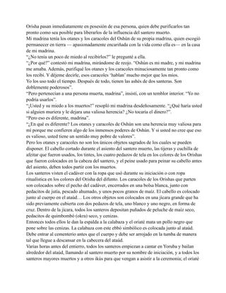 Orisha pasan inmediatamente en posesión de esa persona, quien debe purificarlos tan
pronto como sea posible para liberarlos de la influencia del santero muerto.
Mi madrina tenía los otanes y los caracoles del Oshún de su propia madrina, quien escogió
permanecer en tierra — apasionadamente encariñada con la vida como ella es— en la casa
de mi madrina.
“¿No tenía un poco de miedo al recibirlos?” le pregunté a ella.
“¿Por qué?” contestó mi madrina, mirándome de reojo. “Oshún es mi madre, y mi madrina
me amaba. Además, purifiqué los otanes y los caracoles minuciosamente tan pronto como
los recibí. Y déjeme decirle, esos caracoles ‘hablan’ mucho mejor que los míos.
Yo los uso todo el tiempo. Después de todo, tienen las ashés de dos santeras. Son
doblemente poderosos”.
“Pero pertenecían a una persona muerta, madrina”, insistí, con un temblor interior. “Yo no
podría usarlos”.
“¡Usted y su miedo a los muertos!” resopló mi madrina desdeñosamente. “¿Qué haría usted
si alguien muriera y le dejara una valiosa herencia? ¿No tocaría el dinero?”.
“Pero eso es diferente, madrina”.
“¿En qué es diferente? Los otanes y caracoles de Oshún son una herencia muy valiosa para
mí porque me confieren algo de los inmensos poderes de Oshún. Y si usted no cree que eso
es valioso, usted tiene un sentido muy pobre de valores”.
Pero los otanes y caracoles no son los únicos objetos sagrados de los cuales se pueden
disponer. El cabello cortado durante el asiento del santero muerto, las tijeras y cuchilla de
afeitar que fueron usados, los tintes, los cuatro pedazos de tela en los colores de los Orishas
que fueron colocados en la cabeza del santero, y el peine usado para peinar su cabello antes
del asiento, deben todos partir con los muertos.
Los santeros visten el cadáver con la ropa que usó durante su iniciación o con ropa
ritualística en los colores del Orisha del difunto. Los caracoles de los Orishas que parten
son colocados sobre el pecho del cadáver, encerrados en una bolsa blanca, junto con
pedacitos de jutía, pescado ahumado, y unos pocos granos de maíz. El cabello es colocado
junto al cuerpo en el ataúd… Los otros objetos son colocados en una jícara grande que ha
sido previamente cubierta con dos pedazos de tela, uno blanco y uno negro, en forma de
cruz. Dentro de la jícara, todos los santeros depositan puñados de peluche de maíz seco,
pedacitos de quimbombó (okra) seco, y cenizas.
Entonces todos ellos le dan la espalda a la calabaza y el oriaté mata un pollo negro que
pone sobre las cenizas. La calabaza con este ebbó simbólico es colocada junto al ataúd.
Debe entrar al cementerio antes que el cuerpo y debe ser arrojado en la tumba de manera
tal que llegue a descansar en la cabecera del ataúd.
Varias horas antes del entierro, todos los santeros empiezan a cantar en Yoruba y bailan
alrededor del ataúd, llamando al santero muerto por su nombre de iniciación, y a todos los
santeros mayores muertos y a otros ikús para que vengan a asistir a la ceremonia; el oriaté

 