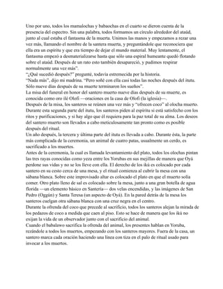 Uno por uno, todos los mamalochas y babaochas en el cuarto se dieron cuenta de la
presencia del espectro. Sin una palabra, todos formamos un círculo alrededor del ataúd,
junto al cual estaba el fantasma de la muerta. Unimos las manos y empezamos a rezar una
vez más, llamando el nombre de la santera muerta, y preguntándole que reconociera que
ella era un espíritu y que era tiempo de dejar el mundo material. Muy lentamente, el
fantasma empezó a desmaterializarse hasta que sólo una espiral humeante quedó flotando
sobre el ataúd. Después de un rato esto también desapareció, y pudimos respirar
normalmente una vez más”.
“¿Qué sucedió después?” pregunté, todavía estremecida por la historia.
“Nada más”, dijo mi madrina. “Pero soñé con ella casi todas las noches después del itutu.
Sólo nueve días después de su muerte terminaron los sueños”.
La misa del funeral en honor del santero muerto nueve días después de su muerte, es
conocida como oro ilé Olofi —oraciones en la casa de Olofi (la iglesia)—.
Después de la misa, los santeros se reúnen una vez más y “ofrecen coco” al olocha muerto.
Durante esta segunda parte del itutu, los santeros piden al espíritu si está satisfecho con los
ritos y purificaciones, y si hay algo que él requiera para la paz total de su alma. Los deseos
del santero muerto son llevados a cabo meticulosamente tan pronto como es posible
después del ritual.
Un año después, la tercera y última parte del itutu es llevada a cabo. Durante ésta, la parte
más complicada de la ceremonia, un animal de cuatro patas, usualmente un cerdo, es
sacrificado a los muertos.
Antes de la ceremonia, la cual es llamada levantamiento del plato, todos los olochas pintan
las tres rayas conocidas como yeza entre los Yorubas en sus mejillas de manera que Oyá
perdone sus vidas y no se los lleve con ella. El derecho de los ikú es colocado por cada
santero en su cesto cerca de una mesa, y el ritual comienza al cubrir la mesa con una
sábana blanca. Sobre este improvisado altar es colocado el plato en que el muerto solía
comer. Otro plato lleno de sal es colocado sobre la mesa, junto a una gran botella de agua
florida —un elemento básico en Santería— dos velas encendidas, y las imágenes de San
Pedro (Oggún) y Santa Teresa (un aspecto de Oyá). En la pared detrás de la mesa los
santeros cuelgan otra sábana blanca con una cruz negra en el centro.
Durante la ofrenda del coco que precede al sacrificio, todos los santeros alejan la mirada de
los pedazos de coco a medida que caen al piso. Esto se hace de manera que los ikú no
exijan la vida de un observador junto con el sacrificio del animal.
Cuando el babalawo sacrifica la ofrenda del animal, los presentes hablan en Yoruba,
rezándole a todos los muertos, empezando con los santeros mayores. Fuera de la casa, un
santero marca cada oración haciendo una línea con tiza en el palo de ritual usado para
invocar a los muertos.

 
