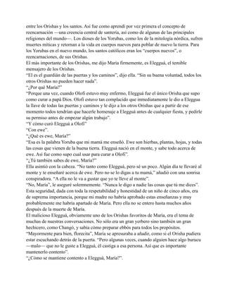entre los Orishas y los santos. Así fue como aprendí por vez primera el concepto de
reencarnación —una creencia central de santería, así como de algunas de las principales
religiones del mundo—. Los dioses de los Yorubas, como los de la mitología nórdica, sufren
muertes míticas y retornan a la vida en cuerpos nuevos para poblar de nuevo la tierra. Para
los Yorubas en el nuevo mundo, los santos católicos eran los “cuerpos nuevos”, o
reencarnaciones, de sus Orishas.
El más importante de los Orishas, me dijo María firmemente, es Elegguá, el temible
mensajero de los Orishas.
“El es el guardián de las puertas y los caminos”, dijo ella. “Sin su buena voluntad, todos los
otros Orishas no pueden hacer nada”.
“¿Por qué María?”
“Porque una vez, cuando Olofi estuvo muy enfermo, Elegguá fue el único Orisha que supo
como curar a papá Dios. Olofi estuvo tan complacido que inmediatamente le dio a Eleggua
la llave de todas las puertas y caminos y le dijo a los otros Orishas que a partir de ese
momento todos tendrían que hacerle homenaje a Elegguá antes de cualquier fiesta, y pedirle
su permiso antes de empezar algún trabajo”.
“Y cómo curó Elegguá a Olofi”
“Con ewe”.
“¿Qué es ewe, María?”
“Esa es la palabra Yoruba que mi mamá me enseñó. Ewe son hierbas, plantas, hojas, y todas
las cosas que vienen de la buena tierra. Elegguá nació en el monte, y sabe todo acerca de
ewe. Así fue como supo cual usar para curar a Olofi”.
“¿Tú también sabes de ewe, María?”
Ella asintió con la cabeza. “No tanto como Elegguá, pero sé un poco. Algún día te llevaré al
monte y te enseñaré acerca de ewe. Pero no se lo digas a tu mamá,” añadió con una sonrisa
conspiradora. “A ella no le va a gustar que yo te lleve al monte”.
“No, María”, le aseguré solemnemente. “Nunca le digo a nadie las cosas que tú me dices”.
Esta seguridad, dada con toda la respetabilidad y honestidad de un niño de cinco años, era
de suprema importancia, porque mi madre no habría aprobado estas enseñanzas y muy
probablemente me habría apartado de María. Pero ella no se entero hasta muchos años
después de la muerte de María.
El malicioso Elegguá, obviamente uno de los Orishas favoritos de María, era el tema de
muchas de nuestras conversaciones. No sólo era un gran yerbero sino también un gran
hechicero, como Changó, y sabía cómo preparar ebbós para todos los propósitos.
“Mayormente para bien, florecita”, María se apresuraba a añadir, como si el Orisha pudiera
estar escuchando detrás de la puerta. “Pero algunas veces, cuando alguien hace algo burucu
—malo— que no le guste a Elegguá, él castiga a esa persona. Así que es importante
mantenerlo contento”.
“¿Cómo se mantiene contento a Elegguá, María?”.

 
