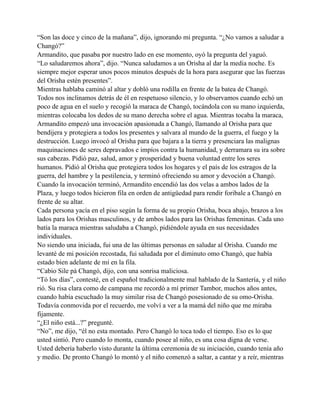 “Son las doce y cinco de la mañana”, dijo, ignorando mi pregunta. “¿No vamos a saludar a
Changó?”
Armandito, que pasaba por nuestro lado en ese momento, oyó la pregunta del yaguó.
“Lo saludaremos ahora”, dijo. “Nunca saludamos a un Orisha al dar la media noche. Es
siempre mejor esperar unos pocos minutos después de la hora para asegurar que las fuerzas
del Orisha estén presentes”.
Mientras hablaba caminó al altar y dobló una rodilla en frente de la batea de Changó.
Todos nos inclinamos detrás de él en respetuoso silencio, y lo observamos cuando echó un
poco de agua en el suelo y recogió la maraca de Changó, tocándola con su mano izquierda,
mientras colocaba los dedos de su mano derecha sobre el agua. Mientras tocaba la maraca,
Armandito empezó una invocación apasionada a Changó, llamando al Orisha para que
bendijera y protegiera a todos los presentes y salvara al mundo de la guerra, el fuego y la
destrucción. Luego invocó al Orisha para que bajara a la tierra y presenciara las malignas
maquinaciones de seres depravados e impíos contra la humanidad, y derramara su ira sobre
sus cabezas. Pidió paz, salud, amor y prosperidad y buena voluntad entre los seres
humanos. Pidió al Orisha que protegiera todos los hogares y el país de los estragos de la
guerra, del hambre y la pestilencia, y terminó ofreciendo su amor y devoción a Changó.
Cuando la invocación terminó, Armandito encendió las dos velas a ambos lados de la
Plaza, y luego todos hicieron fila en orden de antigüedad para rendir foribale a Changó en
frente de su altar.
Cada persona yacía en el piso según la forma de su propio Orisha, boca abajo, brazos a los
lados para los Orishas masculinos, y de ambos lados para las Orishas femeninas. Cada uno
batía la maraca mientras saludaba a Changó, pidiéndole ayuda en sus necesidades
individuales.
No siendo una iniciada, fui una de las últimas personas en saludar al Orisha. Cuando me
levanté de mi posición recostada, fui saludada por el diminuto omo Changó, que había
estado bien adelante de mí en la fila.
“Cabio Sile pá Changó, dijo, con una sonrisa maliciosa.
“Tó los días”, contesté, en el español tradicionalmente mal hablado de la Santería, y el niño
rió. Su risa clara como de campana me recordó a mí primer Tambor, muchos años antes,
cuando había escuchado la muy similar risa de Changó posesionado de su omo-Orisha.
Todavía conmovida por el recuerdo, me volví a ver a la mamá del niño que me miraba
fijamente.
“¿El niño está...?” pregunté.
“No”, me dijo, “él no esta montado. Pero Changó lo toca todo el tiempo. Eso es lo que
usted sintió. Pero cuando lo monta, cuando posee al niño, es una cosa digna de verse.
Usted debería haberlo visto durante la última ceremonia de su iniciación, cuando tenía año
y medio. De pronto Changó lo montó y el niño comenzó a saltar, a cantar y a reír, mientras

 