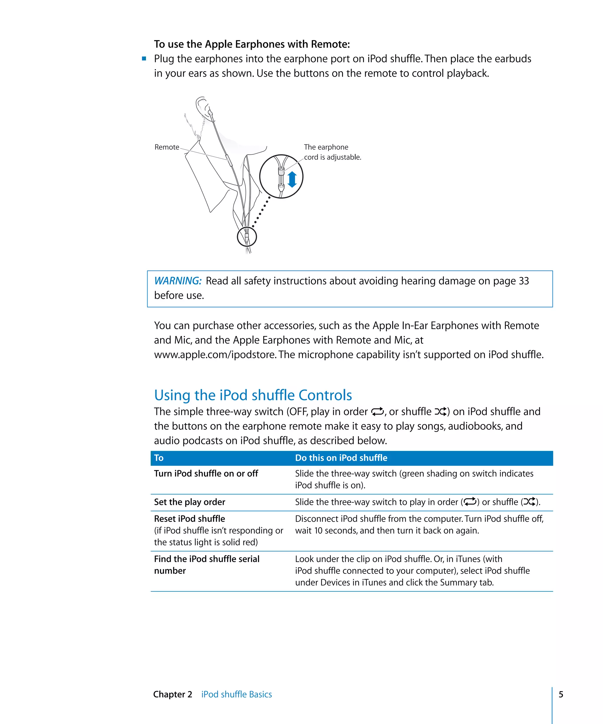 To use the Apple Earphones with Remote:
m Plug the earphones into the earphone port on iPod shuffle. Then place the earbuds
  in your ears as shown. Use the buttons on the remote to control playback.




  Remote                                   The earphone
                                           cord is adjustable.




  WARNING: Read all safety instructions about avoiding hearing damage on page 33
  before use.

  You can purchase other accessories, such as the Apple In-Ear Earphones with Remote
  and Mic, and the Apple Earphones with Remote and Mic, at
  www.apple.com/ipodstore. The microphone capability isn’t supported on iPod shuffle.


  Using the iPod shuffle Controls
  The simple three-way switch (OFF, play in order ⁄, or shuffle ¡) on iPod shuffle and
  the buttons on the earphone remote make it easy to play songs, audiobooks, and
  audio podcasts on iPod shuffle, as described below.
  To                                     Do this on iPod shuffle
  Turn iPod shuffle on or off            Slide the three-way switch (green shading on switch indicates
                                         iPod shuffle is on).
  Set the play order                     Slide the three-way switch to play in order (⁄) or shuffle (¡).
  Reset iPod shuffle                     Disconnect iPod shuffle from the computer. Turn iPod shuffle off,
  (if iPod shuffle isn’t responding or   wait 10 seconds, and then turn it back on again.
  the status light is solid red)
  Find the iPod shuffle serial           Look under the clip on iPod shuffle. Or, in iTunes (with
  number                                 iPod shuffle connected to your computer), select iPod shuffle
                                         under Devices in iTunes and click the Summary tab.




  Chapter 2 iPod shuffle Basics                                                                              5
 