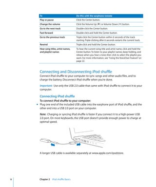 To                                Do this with the earphone remote
      Play or pause                     Click the Center button.
      Change the volume                 Click the Volume Up (∂ ) or Volume Down (D) button.
      Go to the next track              Double-click the Center button.
      Fast-forward                      Double-click and hold the Center button.
      Go to the previous track          Triple-click the Center button within 6 seconds of the track
                                        starting. Triple-clicking after 6 seconds restarts the current track.
      Rewind                            Triple-click and hold the Center button.
      Hear song titles, artist names,   To hear the current song title and artist name, click and hold the
      and playlist names                Center button. To listen to your playlist names, keep holding, and
                                        release when you hear a tone; then click to select the playlist you
                                        want. For more information, see “Using the VoiceOver Feature” on
                                        page 22.



      Connecting and Disconnecting iPod shuffle
      Connect iPod shuffle to your computer to sync songs and other audio files, and to
      charge the battery. Disconnect iPod shuffle when you’re done.

      Important: Use only the USB 2.0 cable that came with iPod shuffle to connect it to your
      computer.

      Connecting iPod shuffle
      To connect iPod shuffle to your computer:
    m Plug one end of the included USB cable into the earphone port of iPod shuffle, and the
      other end into a USB 2.0 port on your computer.

      Note: Charging or syncing iPod shuffle is faster if you connect it to a high-power USB
      2.0 port. On most keyboards, the USB port doesn’t provide enough power to charge at
      optimal speed.




      A longer USB cable is available separately at www.apple.com/ipodstore.




6     Chapter 2 iPod shuffle Basics
 