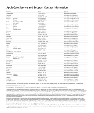 AppleCare Service and Support Contact Information
Country                                                                          Phone                                                               Website
United States                                                                    1-800-275-2273                                                      www.apple.com/support
Australia                                                                        (61) 133-622                                                        www.apple.com/au/support
Austria                                                                          (43) 0810 300 427*                                                  www.apple.com/at/support
Belgium      (Flemish)                                                           (32) 070 700 772                                                    www.apple.com/benl/support
             (French)                                                            (32) 070 700 773                                                    www.apple.com/befr/support
Brazil       (Outside São Paulo)                                                 0800-127753                                                         www.apple.com/br/suporte
             (São Paulo)                                                         (55) 03 0090
Canada       (English)                                                           1-800-263-3394                                                      www.apple.com/ca/support
             (French)                                                            1-800-263-3394                                                      www.apple.com/ca/fr/support
China        (China)                                                             800 810 2323                                                        www.apple.com.cn/support
             (Outside China)                                                     (86) 21-51343045
Denmark                                                                          (45) 70 10 20 07                                                    www.apple.com/dk/support
Finland                                                                          (358) 0800 96162                                                    www.apple.com/fi/support
France                                                                           (33) 0825 888 024                                                   www.apple.com/fr/support
Germany                                                                          (49) (0) 180 500 9433*                                              www.apple.com/de/support
Hong Kong                                                                        (852) 2112-0099                                                     appleclub.com.hk/applecare
India                                                                            (91) 80 2555 0575                                                   www.asia.apple.com/support
Indonesia                                                                        (62) 0018 03061 2009                                                www.asia.apple.com/support
Ireland                                                                          (353) 1850 946 191                                                  www.apple.com/ie/support
Italy                                                                            (39) 199 120 800*                                                   www.apple.com/it/support
Japan        (Japan)                                                             0070-800-27753-1                                                    www.apple.com/jp/support
             (Outside Japan)                                                     (81) 6 6535 2777
Korea                                                                            (82) 1544-2662                                                      www.apple.co.kr/support
Latin America and Caribbean                                                                                                                          www.apple.com/la/support
Luxembourg                                                                       (352) 800 24550                                                     www.apple.com/befr/support
Malaysia                                                                         (60) 1-800 803-638                                                  www.asia.apple.com/support
Mexico       (Outside Mexico City)                                               01-800-277-5322                                                     www.apple.com/mx/support
             (Mexico City)                                                       (52) 55 5209-1280
Netherlands                                                                      (31) 0900 7777 703                                                  www.apple.com/nl/support
New Zealand                                                                      00800-7666-7666                                                     www.apple.com/au/support
Norway                                                                           (47) 815 00 158                                                     www.apple.com/no/support
Philippines                                                                      1800-7666-7666                                                      www.asia.apple.com/support
Puerto Rico                                                                      1-800-783-6523                                                      www.apple.com/la/support
Singapore                                                                        (65) 6835-1812                                                      www.asia.apple.com/support
Spain                                                                            (34) 902 151 992                                                    www.apple.com/es/support
Sweden                                                                           (46) 0771 199 519                                                   www.apple.com/se/support
Switzerland (French)                                                             (41) 0848 000 132                                                   www.apple.com/chfr/support
             (German)                                                            (41) 0848 000 132                                                   www.apple.com/chde/support
Taiwan                                                                           (886) 0800-095-988                                                  www.apple.com.tw/support
Thailand                                                                         (66) 02 681-2081                                                    www.asia.apple.com/support
United Kingdom                                                                   (44) 0870 876 0753                                                  www.apple.com/uk/support

Telephone numbers and hours of operation are subject to change. For the most up-to-date list, please see www.apple.com/contact/phone_contacts.html.
*Local and national telephone rates may apply.

All support offerings are subject to change or discontinuance without notice. Offerings as described may not be available in all countries or in all languages.
1Telephone numbers and hours of operation may vary and are subject to change; local telephone fees may apply. 2Access to Internet-based resources requires the use of a compatible Internet service
provider; fees may apply. 3Details on support coverage and eligible Apple technologies are described under the terms and conditions at www.apple.com/support/products/provideo. 4Hardware repairs that
are not covered under warranty require an extended service contract, such as the AppleCare Protection Plan. 5For a list of Apple-qualiﬁed capture cards, see www.apple.com/finalcutpro/specs.html. 6Onsite
service is not available in all locations; see terms and conditions at www.apple.com/support/products/proplan.html. 7Coverage ends three years after date of Xserve or Xserve RAID purchase. 8Represents
typical response times. Actual onsite response times and availability of onsite service depend on location; see www.apple.com/support/products/premium for details. 9A separate AppleCare Xsan Support
agreement must be purchased for each copy of Xsan software in your network; see www.apple.com/support/products/xsan.html for details. 10For a list of Apple-qualiﬁed Fibre Channel switches, see
www.apple.com/xsan/compatibility.html.
In providing service and support to customers, Apple may collect and process data on behalf of its customers, including transferring data to afﬁliated companies or service providers located in the EU
as well as in India, Japan, Canada, or the U.S., where data protection laws may not be as comprehensive as within the customer’s country of residence. Apple will implement technical and organizational
security measures aimed at protecting the data against unauthorized access or disclosure as well as unlawful destruction. Customers will be responsible for the instructions they give to Apple regarding
the processing of data, and Apple will act on those instructions as reasonably necessary for the performance of the service and support obligations. Customers should contact Apple at the phone number
listed above if they have questions or do not consent to their data being processed in this way.
© 2005 Apple Computer, Inc. All rights reserved. Apple, the Apple logo, DVD Studio Pro, Final Cut, Final Cut Pro, FireWire, iLife, Logic, Mac, Mac OS, Power Mac, Shake, Soundtrack, and Xserve are trademarks
of Apple Computer, Inc., registered in the U.S. and other countries. Aperture, iWork, and Xsan are trademarks of Apple Computer, Inc. AppleCare is a service mark of Apple Computer, Inc., registered in the
U.S. and other countries. Printed in XXXX. 034-3406-A
 