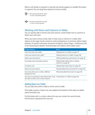 When a cell, border, or segment is selected, the pointer appears to straddle the border
or segment. You can drag these pointers to move a border.

        The pointer looks like this when
        it’s over a horizontal segment.



        The pointer looks like this when
        it’s over a vertical segment.




Working with Rows and Columns in Tables
You can quickly add or remove rows and columns, create header rows or columns or
footer rows, and more.

When you insert, remove, resize, hide, or show rows or columns in a table, other
objects on the page may be moved to avoid overlapping or to maintain relative object
positions. To prevent automatic movement of objects, choose Pages  Preferences and
in the General pane deselect “Automatically move objects when tables resize.”

To learn how to                                  Go to
Insert new rows into a table                     “Adding Rows to a Table” on page 179
Insert new columns into a table                  “Adding Columns to a Table” on page 180
Delete rows and columns                          “Deleting Table Rows and Columns” on page 181
Use header rows and header columns               “Adding Table Header Rows or Header
                                                 Columns” on page 181
Use footer rows                                  “Adding Table Footer Rows” on page 182
Resize rows and columns                          “Resizing Table Rows and Columns” on page 183
Give every other row in a table a different      “Alternating Table Row Colors” on page 183
background color
Sort rows in ascending or descending order using “Sorting Rows in a Table” on page 183
the value of cells in one or more columns


Adding Rows to a Table
You can add rows within a table or at the end of a table.

If the table contains a footer row, rows added at the bottom of the table are added
above the footer row.

If all the body cells in a column above the new row contain the same formula,
the formula is repeated in the new row.




Chapter 8 Using Tables                                                                           179
 