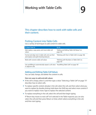 Working with Table Cells
                                                                                               9
  This chapter describes how to work with table cells and
  their content.


  Putting Content into Table Cells
  Use a variety of techniques to add content to table cells.

  To learn how to                                      Go to
  Add, replace, copy, paste, and move table cell       “Adding and Editing Table Cell Values” on
  values                                               page 185
  Format and align text in table cells and use find-   “Working with Text in Table Cells” on page 186
  and-replace and spell-checking features
  Work with numeric table cell values                  “Working with Numbers in Table Cells” on
                                                       page 187
  Use autofilling to automatically repeat a cell value “Autofilling Table Cells” on page 187
  in adjacent cells


  Adding and Editing Table Cell Values
  You can add, change, and delete the content in cells.

  Here are ways to add and edit values:
m If the cell is empty, select it, and then type a value. “Selecting a Table Cell” on page 177
  describes how to select cells.
m To replace specific content already in the cell, select the cell, and then select what you
  want to replace by double-clicking; hold down the Shift key and select more content if
  you want to replace more. Type to replace the selected content.
m To replace everything in the cell, select the cell and then begin typing.
  If “Return key moves to next cell” isn’t selected in the Table inspector, you can also
  select the cell and then press Return or Enter, which selects everything in the cell,
  and then start typing.




                                                                                                        185
 