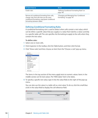 To learn how to                                  Go to
        Create rules                                     “Defining Conditional Formatting Rules” on
                                                         page 190
        Remove all conditional formatting from cells,    “Changing and Managing Your Conditional
        change rules, find cells that use the same       Formatting ” on page 191
        conditional formatting, copy/paste conditional
        formatting between tables


        Defining Conditional Formatting Rules
        A conditional formatting rule is used to detect when cells contain a test value, which
        can be either a specific value that you supply or a value that matches a value currently
        in a specific table cell. The rule specifies the formatting to apply to the cells when they
        contain the test value.

        To define rules:
      1 Select one or more cells.
      2 Click Inspector in the toolbar, click the Table button, and then click Format.
      3 Click “Show rules” and then choose an item from the “Choose a rule” pop-up menu.
                         ,




        The items in the top section of the menu apply tests to numeric values. Items in the
        middle section are for text values. The “With dates” item is for dates.
      4 To specify a specific test value, type it into the value field, to the right of the pop-up
        menu.
        You can also use the value in a table cell as a test value. To do so, click the small blue
        circle in the value field to display the cell reference field.




190     Chapter 9 Working with Table Cells
 