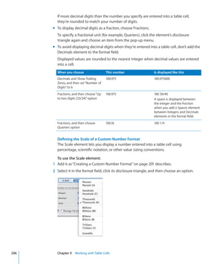 If more decimal digits than the number you specify are entered into a table cell,
        they’re rounded to match your number of digits.
      m To display decimal digits as a fraction, choose Fractions.
        To specify a fractional unit (for example, Quarters), click the element’s disclosure
        triangle again and choose an item from the pop-up menu.
      m To avoid displaying decimal digits when they’re entered into a table cell, don’t add the
        Decimals element to the format field.
        Displayed values are rounded to the nearest integer when decimal values are entered
        into a cell.
        When you choose                  This number                  Is displayed like this
        Decimals and Show Trailing       100.975                      100.975000
        Zeros, and then set “Number of
        Digits” to 6
        Fractions, and then choose “Up   100.975                      100 39/40
        to two digits (23/24)” option                                 A space is displayed between
                                                                      the integer and the fraction
                                                                      when you add a Spaces element
                                                                      between Integers and Decimals
                                                                      elements in the format field.
        Fractions, and then choose       100.16                       100 1/4
        Quarters option


        Defining the Scale of a Custom Number Format
        The Scale element lets you display a number entered into a table cell using
        percentage, scientific notation, or other value sizing conventions.

        To use the Scale element:
      1 Add it as “Creating a Custom Number Format” on page 201 describes.
      2 Select it in the format field, click its disclosure triangle, and then choose an option.




206     Chapter 9 Working with Table Cells
 