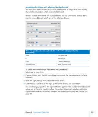 Associating Conditions with a Custom Number Format
  You associate conditions with a custom number format to vary a table cell’s display
  characteristics based on what’s entered into the cell.

  Here’s a number format that has four conditions. The top condition is applied if the
  number entered doesn’t satisfy any of the other conditions.




  When you type this value into a cell with the   The value is displayed like this
  above format
  15000                                           Due: $0015.00K
  0                                               Paid in Full
  –500                                            Credit: $ (0000.50K)
  Account closed                                  Note: Account closed


  To create a custom number format that has conditions:
1 Select one or more cells.
2 Choose Custom from the Cell Format pop-up menu in the Format pane of the Table
  inspector.
3 From the Type pop-up menu, choose Number  Text.
4 Click the Add (+) button to the right of the format field to add a condition.
  The condition you specify in the topmost field is applied if the number entered doesn’t
  satisfy any of the other conditions. Text Element conditions can only be used in this
  topmost field. To learn about Text Elements, see “Creating a Custom Text Format” on
  page 211.




  Chapter 9 Working with Table Cells                                                        209
 