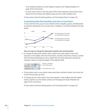 To set shadow attributes, use the Graphic inspector. See “Adding Shadows” on
           page 163 for instructions.
        Â To show series names, in the Axis pane of the Chart inspector, choose Show Series
           Names from the Choose Axis Options pop-up menu under Category Axis.

        To learn about other formatting options, see “Formatting Charts” on page 222.

        Customizing Data Point Symbols and Lines in Line Charts
        In area and line charts, you can use symbols (circles, triangles, squares, and diamonds)
        to represent data points. You can also show a straight or curved line between the data
        points.


                                                                 The data points in this series
                                                                 are represented by squares.

                                                                 The data points in this series
                                                                 are represented by triangles.




        Here are ways to change the data point symbols and connecting line:
      m To change the data point symbol, select a data series (area shape or line), click
        Inspector in the toolbar, click the Chart button, and then click Series. Choose a symbol
        from the Data Symbol pop-up menu. Adjust the size of the data point symbols by
        entering a value or using the stepper in the adjacent field.
                                     Choose a symbol to
                                     use for data points.

                                     Join points with a curve.


      m To join points with a curve, select a data series (line), and then choose Curve from the
        Connect Points pop-up menu.
      m To change the line color, select a line, click Inspector in the toolbar, click the Graphic
        button, and then use the Stroke controls. See “Changing the Style of Borders” on
        page 161 for instructions.

        To learn about other formatting options, see “Formatting Charts” on page 222.




236     Chapter 10 Creating Charts from Numerical Data
 