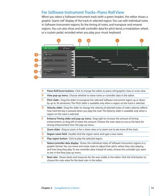 For Software Instrument Tracks–Piano Roll View
    When you select a Software Instrument track (with a green header), the editor shows a
    graphic “piano roll” display of the track or selected region. You can edit individual notes
    in Software Instrument regions, fix the timing of notes, and transpose and rename
    regions. You can also show and edit controller data for pitch bend, a modulation wheel,
    or a sustain pedal, recorded when you play your music keyboard.

                  A                     G       H                             I                       J




B

C

D

E

F




    A   Piano Roll/Score buttons: Click to change the editor to piano roll (graphic) view or score view.
    B   View pop-up menu: Choose whether to show notes or controller data in the editor.
    C   Pitch slider: Drag the slider to transpose the selected Software Instrument region up or down
        by up to 36 semitones. The Pitch slider is available only when a region on the track is selected.
    D   Velocity slider: Drag the slider to change the velocity of selected notes. A note’s velocity reflects
        how hard the key is pressed when you play the note. The Velocity slider is available only when a
        region on the track is selected.
    E   Enhance Timing slider and pop-up menu: Drag right to increase the amount of timing
        enhancement, or drag left to lower the amount. Choose the note value to use as the basis for
        timing enhancement from the pop-up menu.
    F   Zoom slider: Drag to zoom in for a closer view or to zoom out to see more of the track.
    G   Region name field: Double-click the region name and type a new name.
    H   Play region button: Click to play the selected region.
    I   Notes/controller data display: Shows the individual notes of Software Instrument regions in a
        graphic format. You can move and resize notes to adjust their pitch, where they start playing,
        and how long they play. To see controller data instead of notes, choose the controller you want
        to see in the View pop-up menu.
    J   Beat ruler: Shows beats and measures for the area visible in the editor. Click the Grid button to
        choose the note value for the beat ruler in the editor.




    Chapter 2 GarageBand at a Glance                                                                            15
 