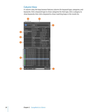 Column View
         In column view, the loop browser features columns for keyword type, categories, and
         keywords. Click a keyword type to show categories for that type, click a category to
         show keywords, then click a keyword to show matching loops in the results list.

              A                B



                                                  F



     C


     D


     E




     G




     H                                            I




20       Chapter 2 GarageBand at a Glance
 