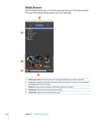 Media Browser
         With the Media Browser, you can find and add songs from your iTunes library, photos
         from your iPhoto library, iMovie projects, and other video files.

                                A




     B




     C




     D

                            E

         A   Media Type buttons: Click the button for the type of media files you want to work with.
         B   Source list: Navigate to the folder containing the files you want to use. You can also add folders
             by dragging them from the Finder.
         C   Media list: View, preview, and select media files to add to your project.
         D   Play button: Click to preview the selected media file.
         E   Search field: Type text to search for files by name.




28       Chapter 2 GarageBand at a Glance
 
