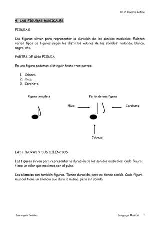 CEIP Huerta Retiro
4. LAS FIGURAS MUSICALES
FIGURAS
Las figuras sirven para representar la duración de los sonidos musicales. Existen
varios tipos de figuras según los distintos valores de los sonidos: redonda, blanca,
negra, etc.
PARTES DE UNA FIGURA
En una figura podemos distinguir hasta tres partes:
1. Cabeza.
2. Plica.
3. Corchete.
Figura completa Partes de una figura
LAS FIGURAS Y SUS SILENCIOS
Las figuras sirven para representar la duración de los sonidos musicales. Cada figura
tiene un valor que medimos con el pulso.
Los silencios son también figuras. Tienen duración, pero no tienen sonido. Cada figura
musical tiene un silencio que dura lo mismo, pero sin sonido.
Juan Algarín Ordóñez Lenguaje Musical 7
 