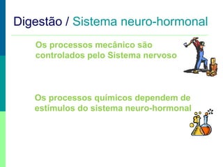 Digestão / Sistema neuro-hormonal
Os processos mecânico são
controlados pelo Sistema nervoso
Os processos químicos dependem de
estímulos do sistema neuro-hormonal
 