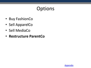 Options
• Buy FashionCo
• Sell ApparelCo
• Sell MediaCo
• Restructure ParentCo
Appendix
 