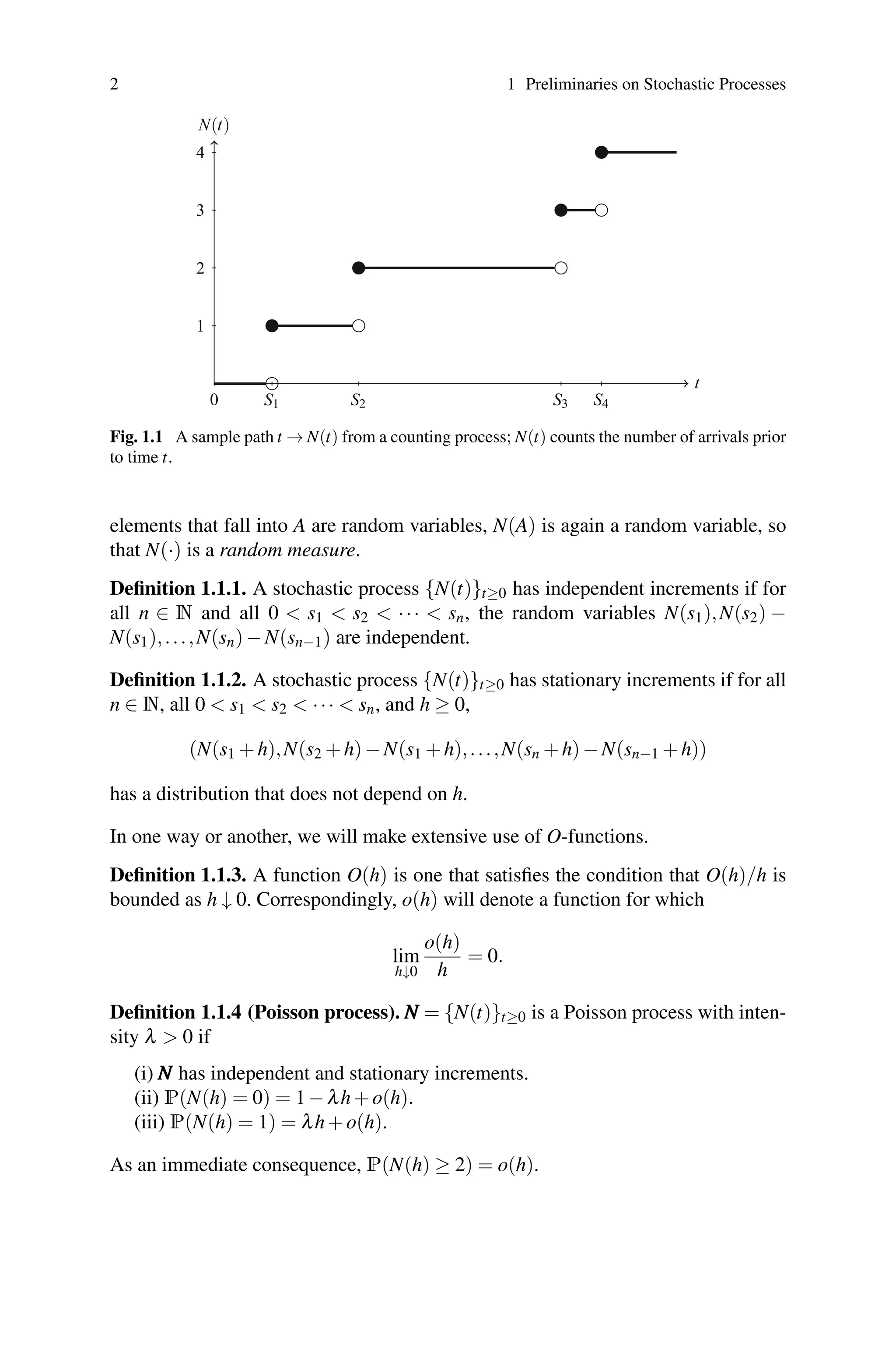 2 1 Preliminaries on Stochastic Processes
t
N(t)
0 S1 S2 S3 S4
1
2
3
4
Fig. 1.1 A sample path t → N(t) from a counting process; N(t) counts the number of arrivals prior
to time t.
elements that fall into A are random variables, N(A) is again a random variable, so
that N(·) is a random measure.
Definition 1.1.1. A stochastic process {N(t)}t≥0 has independent increments if for
all n ∈ N and all 0  s1  s2  ···  sn, the random variables N(s1),N(s2) −
N(s1),...,N(sn)−N(sn−1) are independent.
Definition 1.1.2. A stochastic process {N(t)}t≥0 has stationary increments if for all
n ∈ N, all 0  s1  s2  ···  sn, and h ≥ 0,
(N(s1 +h),N(s2 +h)−N(s1 +h),...,N(sn +h)−N(sn−1 +h))
has a distribution that does not depend on h.
In one way or another, we will make extensive use of O-functions.
Definition 1.1.3. A function O(h) is one that satisfies the condition that O(h)/h is
bounded as h ↓ 0. Correspondingly, o(h) will denote a function for which
lim
h↓0
o(h)
h
= 0.
Definition 1.1.4 (Poisson process). N
N
N = {N(t)}t≥0 is a Poisson process with inten-
sity λ  0 if
(i) N
N
N has independent and stationary increments.
(ii) P(N(h) = 0) = 1−λh+o(h).
(iii) P(N(h) = 1) = λh+o(h).
As an immediate consequence, P(N(h) ≥ 2) = o(h).
 