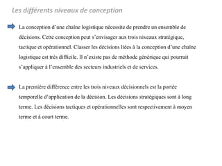 Les différents niveaux de conception
La conception d’une chaîne logistique nécessite de prendre un ensemble de
décisions. Cette conception peut s’envisager aux trois niveaux stratégique,
tactique et opérationnel. Classer les décisions liées à la conception d’une chaîne
logistique est très difficile. Il n’existe pas de méthode générique qui pourrait
s’appliquer à l’ensemble des secteurs industriels et de services.
La première différence entre les trois niveaux décisionnels est la portée
temporelle d’application de la décision. Les décisions stratégiques sont à long
terme. Les décisions tactiques et opérationnelles sont respectivement à moyen
terme et à court terme.
 