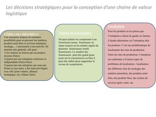 Les décisions stratégiques pour la conception d’une chaine de valeur
logistique
« Faire » ou « faire-faire »:
Une entreprise dispose de multiples
possibilités pour se procurer les matières,
produits semi-finis et services (transport,
stockage,…) nécessaires à son activité. De
manière très générale, elle peut:
1) les réaliser en interne par ses propres
moyens (Faire)
2) passer par une entreprise extérieure et
indépendante (Faire-Faire).
3) passer par une entreprise qui sous une
forme ou une autre, à des liens privilégiés
avec elle (joint venture, alliance
stratégique, etc.) (Quasi faire).
Localisation:
Pour les produits ou les pièces que
l’entreprise a choisi de garder en interne,
il faudra déterminer où l’entreprise doit
les produire. C’est une problématique de
localisation des sites de production.
Outre les sites de production, l’entreprise
est confrontée à d’autres types de
problèmes de localisation : localisation
des différents sites de stockages des
matières premières, des produits semi-
finis, des produits finis, des centres de
services après vente, etc.
Nombre des fournisseurs:
On peut acheter les composants à un
fournisseur (mono fournisseur ou
mono source) ou les acheter auprès de
plusieurs fournisseurs (multi
fournisseur). Le nombre des
fournisseurs peut être grand (pour
jouer sur la concurrence) ou bien il
peut être réduit (pour augmenter le
niveau de coopération).
 