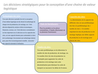 Les décisions stratégiques pour la conception d’une chaine de valeur
logistique
Choix de fournisseurs:
Pour les produits ou les pièces
externalisées, il faudra sélectionner un
ou plusieurs fournisseurs.
Technologies des sites:
Une autre décision à prendre lors de la conception
d’une chaîne logistique est de choisir la technologie de
chaque site de production, de stockage, etc. Cette
décision dépend de certains critères économiques,
financiers, sociaux, etc. Cette décision a normalement
un lien important avec la décision sur les capacités des
sites, car une capacité donnée peut contraindre le choix
de la technologie. Inversement une technologie choisie
peut, pour être économiquement rentable, nécessiter
une capacité minimale d’utilisation.
Capacités des sites:
La détermination de la capacité des
différents sites est une problématique
très liée à la problématique du «
nombre de sites ». Un nombre
important de sites de production ou de
stockage implique une faible capacité
de production ou de stockage pour
chacun des sites.
Nombre de sites:
Une autre problématique est de déterminer le
nombre de sites de production, de stockage, etc.
Un nombre élevé de sites de production ou
d’entrepôts peut augmenter les coûts de
production et de stockage mais cette
décentralisation peut diminuer les coûts de
transport ou raccourcir les délais de livraison.
 