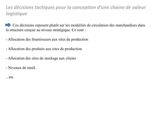 Les décisions tactiques pour la conception d’une chaine de valeur
logistique
Ces décisions reposent plutôt sur les modalités de circulation des marchandises dans
la structure conçue au niveau stratégique. Ce sont :
- Allocation des fournisseurs aux sites de production
- Allocation des produits aux sites de production
- Allocation des sites de stockage aux clients
- Niveaux de stock
...etc
 