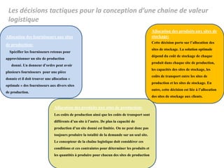 Les décisions tactiques pour la conception d’une chaine de valeur
logistique
Allocation des fournisseurs aux sites
de production:
Spécifier les fournisseurs retenus pour
approvisionner un site de production
donné. Un donneur d’ordre peut avoir
plusieurs fournisseurs pour une pièce
donnée et il doit trouver une allocation «
optimale » des fournisseurs aux divers sites
de production.
Allocation des produits aux sites de
stockage:
Cette décision porte sur l’allocation des
sites de stockage. La solution optimale
dépend du coût de stockage de chaque
produit dans chaque site de production,
les capacités des sites de stockage, les
coûts de transport entre les sites de
production et les sites de stockage. En
outre, cette décision est liée à l’allocation
des sites de stockage aux clients.
Allocation des produits aux sites de production:
Les coûts de production ainsi que les coûts de transport sont
différents d’un site à l’autre. De plus la capacité de
production d’un site donné est limitée. On ne peut donc pas
toujours produire la totalité de la demande sur un seul site.
Le concepteur de la chaîne logistique doit considérer ces
conditions et ces contraintes pour déterminer les produits et
les quantités à produire pour chacun des sites de production
 