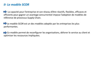 II- Le modèle SCOR
La capacité pour l’entreprise et son réseau d’être réactifs, flexibles, efficaces et
efficients pour gagner un avantage concurrentiel impose l’adoption de modèles de
référence de processus Supply Chain.
Le modèle SCOR est un des modèles adoptés par les entreprises les plus
performantes.
Ce modèle permet de reconfigurer les organisations, délivrer le service au client et
optimiser les ressources impliquées.
 