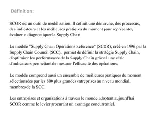 Définition:
SCOR est un outil de modélisation. Il définit une démarche, des processus,
des indicateurs et les meilleures pratiques du moment pour représenter,
évaluer et diagnostiquer la Supply Chain.
Le modèle "Supply Chain Operations Reference" (SCOR), créé en 1996 par la
Supply Chain Council (SCC), permet de définir la stratégie Supply Chain,
d'optimiser les performances de la Supply Chain grâce à une série
d'indicateurs permettant de mesurer l'efficacité des opérations.
Le modèle comprend aussi un ensemble de meilleures pratiques du moment
sélectionnées par les 800 plus grandes entreprises au niveau mondial,
membres de la SCC.
Les entreprises et organisations à travers le monde adoptent aujourd'hui
SCOR comme le levier procurant un avantage concurrentiel.
 