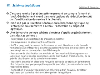  C'est une remise à plat du système prenant en compte l'amont et
l'aval. Généralement mené dans une optique de réduction de coût
ou d'amélioration du service à la clientèle.
 Initié soit par la Direction Générale ou la Direction Logistique de
l'entreprise pour remettre à niveau l'ensemble du dispositif
logistique.
 Une démarche de type schéma directeur s'applique généralement
dans des cas comme :
- l'entreprise a une politique de croissance externe
- les moyens mis en place sont insuffisants
- le CA a progressé, les zones de livraisons se sont étendues, mais dans de
nombreux cas l'entreprise a des stocks positionnés trop loin des clients et ne
peut réagir correctement dans les délais requis
- les canaux de distribution ont évolués et l'entreprise doit réorganiser sa
logistique pour répondre aux besoins de la distribution traditionnelle, de la
grande distribution et du canal e-commerce
- les clients ont mis en place une nouvelle politique de stocks et commande
plus fréquemment par plus petite quantité avec des contraintes fortes sur le
respect des délais
- nomination d'un nouveau directeur général ou d'un nouveau directeur
logistique qui souhaite réviser et réorganiser la logistique.
Définition & Démarche
III. Schémas logistiques
 