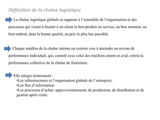 Définition de la chaine logistique
La chaîne logistique globale se rapporte à l’ensemble de l’organisation et des
processus qui visent à fournir à un client le bon produit ou service, au bon moment, au
bon endroit, dans la bonne qualité, au prix le plus bas possible.
Chaque maillon de la chaîne interne ou externe vise à atteindre un niveau de
performance individuel, qui, cumulé avec celui des maillons amont et aval, créera la
performance collective de la chaîne de fourniture.
Elle intègre notamment :
•Les infrastructures et l’organisation globale de l’entreprise.
•Les flux d’information
•Les processus d’achat- approvisionnement, de production, de distribution et de
gestion après vente.
 