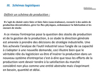Définition
III. Schémas logistiques
Définir un schéma de production :
Il s’agit de choisir entre faire et faire faire (sous-traitance), recourir à des unités de
production décentralisées, gérer les flux physiques, ordonnancer la fabrication et les
encours de stocks
A ce niveau l’entreprise pose la question des stocks de production
et de la gestion de la production, à ce stade la direction générale
est amenée à prendre des décisions de stratégie industrielle. Une
fois achevée l’analyse de l’outil industriel sous l’angle de sa capacité
à s’adopter à une nouvelle demande, ceci illustre bien que le
véritable rôle du logisticien va être d’insérer la production dans un
nouveau système d’entreprise c'est-à-dire que tous les efforts de la
production vont devoir tendre à la satisfaction du marché
considéré non plus comme une entité abstraite mais s’exprimant
en besoin, quantité et délai.
 