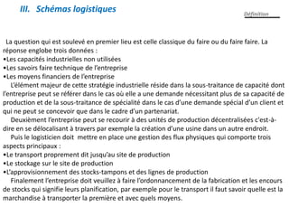 Définition
III. Schémas logistiques
La question qui est soulevé en premier lieu est celle classique du faire ou du faire faire. La
réponse englobe trois données :
•Les capacités industrielles non utilisées
•Les savoirs faire technique de l’entreprise
•Les moyens financiers de l’entreprise
L’élément majeur de cette stratégie industrielle réside dans la sous-traitance de capacité dont
l’entreprise peut se référer dans le cas où elle a une demande nécessitant plus de sa capacité de
production et de la sous-traitance de spécialité dans le cas d’une demande spécial d’un client et
qui ne peut se concevoir que dans le cadre d’un partenariat.
Deuxièment l’entreprise peut se recourir à des unités de production décentralisées c'est-à-
dire en se délocalisant à travers par exemple la création d’une usine dans un autre endroit.
Puis le logisticien doit mettre en place une gestion des flux physiques qui comporte trois
aspects principaux :
•Le transport proprement dit jusqu’au site de production
•Le stockage sur le site de production
•L’approvisionnement des stocks-tampons et des lignes de production
Finalement l’entreprise doit veuillez à faire l’ordonnancement de la fabrication et les encours
de stocks qui signifie leurs planification, par exemple pour le transport il faut savoir quelle est la
marchandise à transporter la première et avec quels moyens.
 