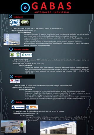 A GABAS AUTOMAÇÃO junto com a C&M montou a fábrica de embalagens SIG:
SIG na cidade de Campo Largo – PR;
Serviços Executados:
Montagem: Montagem de suportes para instalar leitos, eletrocalhas, e tubulações por toda a fábrica
para atender todos os diversos de ligações, painéis, motores, maquinas, iluminação;
Lançamento de cabos: Lançamento de cabos para todos os diversos de ligações, painéis, motores,
maquinas, iluminação;
Ligações: Ligações de todos os diversos de ligações, painéis, motores, maquinas, iluminação;
Acompanhamento: Nossos eletricistas ficaram acompanhando o funcionamento da fábrica até que tudo
estivesse funcionando perfeitamente bem;
A GABAS AUTOMAÇÃO junto com a ENSA Ambiental gerou um laudo de vistorias e inconformidades para a empresa
de ônibus Transcooper Fênix.
Transcooper Fênis na cidade de São Paulo – SP;
Serviços Executados:
LAUDO - Foi feito um laudo para adequar a instalação elétrica do pátio da garagem de ônibus,
onde levantamos todas os encaminhamentos e ligações, foi gerado as inconformidades e gerado um
relatório para fosse adequado nas normas Brasileiras de instalação NBR – 5410, e SPDA
NBR – 5419.
A GABAS AUTOMAÇÃO instala para Líder Balanças serviços em balanças rodoviárias e gado.
Líder na cidade de Araçatuba – SP;
Serviços Executados:
Montagem: Montagem de infraestrutura com eletrodutos ao redor das balanças para os cabos;
Lançamento e Ligação dos Cabos: Lançamos os cabos para as células de cargas e instalamos na central
dentro da cabine, interligamos no sistema de pesagem da Líder Balanças.
Local: Não tem uma cidade especifica onde a Líder vende seus produtos nossa equipe vai e da suporte
no que necessário for para infraestrutura e ligações a fábrica da Líder fica em Araçatuba – SP.
A GABAS AUTOMAÇÃO montagem de periféricos junto com a GTEL na Embraer.
EMBRAER na cidade de Sorocaba – SP;
Serviços Executados:
Montagem: Confecção e instalação de suportes para leitos e eletrocalhas e tubulações de cabos;
Lançamento e Ligação dos Cabos: Lançamento dos cabos e interligação dos painéis elétricos ao
longo da fábrica;
 