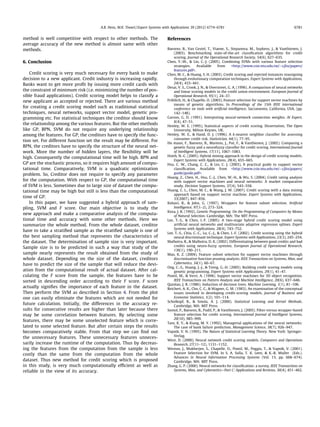 method is well competitive with respect to other methods. The
average accuracy of the new method is almost same with other
methods.
6. Conclusion
Credit scoring is very much necessary for every bank to make
decision to a new applicant. Credit industry is increasing rapidly.
Banks want to get more proﬁt by issuing more credit cards with
the constraint of minimum risk (i.e. minimizing the number of pos-
sible fraud applications). Credit scoring model helps to classify a
new applicant as accepted or rejected. There are various method
for creating a credit scoring model such as traditional statistical
techniques, neural networks, support vector model, genetic pro-
gramming etc. For statistical techniques the creditor should know
the relationship among the various features. But the other methods
like GP, BPN, SVM do not require any underlying relationship
among the features. For GP, the creditors have to specify the func-
tion set. For different function set the result may be different. For
BPN, the creditors have to specify the structure of the neural net-
work. More the number of hidden layers, the ﬂexibility will be
high. Consequently the computational time will be high. BPN and
GP are the stochastic process, so it requires high amount of compu-
tational time. Comparatively, SVM is a quadratic optimization
problem. So, Creditor does not require to specify any parameter
for the computation. With respect to GP, the computational time
of SVM is less. Sometimes due to large size of dataset the compu-
tational time may be high but still is less than the computational
time of GP.
In this paper, we have suggested a hybrid approach of sam-
pling, SVM and F score. Our main objective is to study the
new approach and make a comparative analysis of the computa-
tional time and accuracy with some other methods. Here we
summarize the whole method. From the whole dataset, creditor
have to take a stratiﬁed sample as the stratiﬁed sample is one of
the best sampling method that represents the characteristics of
the dataset. The determination of sample size is very important.
Sample size is to be predicted in such a way that study of the
sample nearly represents the result obtained from the study of
whole dataset. Depending on the size of the dataset, creditors
have to predict the size of the sample that will reduce the devi-
ation from the computational result of actual dataset. After cal-
culating the F score from the sample, the features have to be
sorted in descending order according to their F score. F score
actually signiﬁes the importance of each feature in the dataset.
Then perform the SVM as described in Section 4. From the plot
one can easily eliminate the features which are not needed for
future calculation. Initially, the differences in the accuracy re-
sults for consecutive results are higher than later because there
may be some correlation between features. By selecting some
features, there may be some unselected feature which is corre-
lated to some selected feature. But after certain steps the results
becomes comparatively stable. From that step we can ﬁnd out
the unnecessary features. These unnecessary features unneces-
sarily increase the runtime of the computation. Thus by decreas-
ing the features from the computation from the sample is less
costly than the same from the computation from the whole
dataset. Thus new method for credit scoring which is proposed
in this study, is very much computationally efﬁcient as well as
reliable in the view of its accuracy.
References
Baesens, B., Van Gestel, T., Viaene, S., Stepanova, M., Suykens, J.,  Vanthienen, J.
(2003). Benchmarking state-of-the-art classiﬁcation algorithms for credit
scoring. Journal of the Operational Research Society, 54(6), 627–635.
Chen, Y.-W.,  Lin, C.-J. (2005). Combining SVMs with various feature selection
strategies. Available from http://www.csie.ntu.edu.tw/$cjlin/papers/
features.pdf.
Chen, M. C.,  Huang, S. H. (2003). Credit scoring and rejected instances reassigning
through evolutionary computation techniques. Expert Systems with Applications,
24(4), 433–441.
Desai, V. S., Crook, J. N.,  Overstreet, G. A. (1996). A comparison of neural networks
and linear scoring models in the credit union environment. European Journal of
Operational Research, 95(1), 24–37.
Fro¨hlich, H.,  Chapelle, O. (2003), Feature selection for support vector machines by
means of genetic algorithms. In Proceedings of the 15th IEEE international
conference on tools with artiﬁcial intelligence, Sacramento, California, USA, (pp.
142–148).
Garson, G. D. (1991). Interpreting neural-network connection weights. AI Expert,
6(4), 47–51.
Henley, W. E. (1995), Statistical aspects of credit scoring. Dissertation, The Open
University, Milton Keynes, UK.
Henley, W. E.,  Hand, D. J. (1996). A k-nearest neighbor classiﬁer for assessing
consumer credit risk. Statistician, 44(1), 77–95.
Ho mann, F., Baesens, B., Martens, J., Put, F.,  Vanthienen, J. (2002). Comparing a
genetic fuzzy and a neurofuzzy classiﬁer for credit scoring. International Journal
of Intelligent Systems, 17(11), 1067–1083.
Hsieh, N.-C. (2005). Hybrid mining approach in the design of credit scoring models.
Expert Systems with Applications, 28(4), 655–665.
Hsu, C. W., Chang, C. C.,  Lin, C. J. (2003), A practical guide to support vector
classiﬁcation. Available from http://www.csie.ntu.edu.tw/$cjlin/papers/
guide/guide.pdf.
Huang, Z., Chen, H., Hsu, C.-J., Chen, W.-H.,  Wu, S. (2004). Credit rating analysis
with support vector machines and neural networks: A market comparative
study. Decision Support Systems, 37(4), 543–558.
Huang, C. L., Chen, M. C.,  Wang, J. W. (2007). Credit scoring with a data mining
approach based on support vector machine. Expert Systems with Applications,
33(2007), 847–856.
Kohavi, R.,  John, G. (1997). Wrappers for feature subset selection. Artiﬁcial
Intelligence, 97(1–2), 273–324.
Koza, J. R. (1992). Genetic Programming: On the Programming of Computers by Means
of Natural Selection. Cambridge, MA: The MIT Press.
Lee, T.-S.,  Chen, I.-F. (2005). A two-stage hybrid credit scoring model using
artiﬁcial neural networks and multivariate adaptive regression splines. Expert
Systems with Applications, 28(4), 743–752.
Lee, T.-S., Chiu, C.-C., Lu, C.-J.,  Chen, I.-F. (2002). Credit scoring using the hybrid
neural discriminant technique. Expert Systems with Applications, 23(3), 245–254.
Malhotra, R.,  Malhotra, D. K. (2002). Differentiating between good credits and bad
credits using neuro-fuzzy systems. European Journal of Operational Research,
136(1), 190–211.
Mao, K. Z. (2004). Feature subset selection for support vector machines through
discriminative function pruning analysis. IEEE Transactions on Systems, Man, and
Cybernetics, 34(1), 60–67.
Ong, C.-S., Huang, J.-J.,  Tzeng, G.-H. (2005). Building credit scoring models using
genetic programming. Expert Systems with Applications, 29(1), 41–47.
Pontil, M.,  Verri, A. (1998). Support vector machines for 3D object recognition.
IEEE Transactions on Pattern Analysis and Machine Intelligence, 20(6), 637–646.
Quinlan, J. R. (1986). Induction of decision trees. Machine Learning, 1(1), 81–106.
Reichert, A. K., Cho, C. C.,  Wagner, G. M. (1983). An examination of the conceptual
issues involved in developing credit-scoring models. Journal of Business and
Economic Statistics, 1(2), 101–114.
Scholkopf, B.,  Smola, A. J. (2000). Statistical Learning and Kernel Methods.
Cambridge, MA: MIT Press.
Somol, P., Baesens, B., Pudil, P.,  Vanthienen, J. (2005). Filter-versus wrapper-based
feature selection for credit scoring. International Journal of Intelligent Systems,
20(10), 985–999.
Tam, K. Y.,  Kiang, M. Y. (1992). Managerial applications of the neural networks:
The case of bank failure prediction. Management Science, 38(7), 926–947.
Vapnik, V. N. (1995). The Nature of Statistical Learning Theory. New York: Springer-
Verlag.
West, D. (2000). Neural network credit scoring models. Computers and Operations
Research, 27(11–12), 1131–1152.
Weston, J., Mukherjee, S., Chapelle, O., Pontil, M., Poggio, T.,  Vapnik, V. (2001).
Feature Selection for SVM. In S. A. Solla, T. K. Leen,  K.-R. Muller (Eds.).
Advances in Neural Information Processing Systems (Vol. 13, pp. 668–674).
Cambridge, MA: MIT Press.
Zhang, G. P. (2000). Neural networks for classiﬁcation: a survey. IEEE Transactions on
Systems, Man, and Cybernetics—Part C: Applications and Reviews, 30(4), 451–462.
A.B. Hens, M.K. Tiwari / Expert Systems with Applications 39 (2012) 6774–6781 6781
 