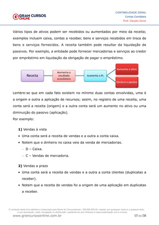 127 de 230
www.grancursosonline.com.br
CONTABILIDADE GERAL
Contas Contábeis
Prof. Claudio Zorzo
Vários tipos de ativos podem ser recebidos ou aumentados por meio da receita;
exemplos incluem caixa, contas a receber, bens e serviços recebidos em troca de
bens e serviços fornecidos. A  receita também pode resultar da liquidação de
passivos. Por exemplo, a entidade pode fornecer mercadorias e serviços ao credor
por empréstimo em liquidação da obrigação de pagar o empréstimo.
Lembre-se que em cada fato existem no mínimo duas contas envolvidas, uma é
a origem e outra a aplicação de recursos; assim, no registro de uma receita, uma
conta será a receita (origem) e a outra conta será um aumento no ativo ou uma
diminuição do passivo (aplicação).
Por exemplo:
1) Vendas à vista
•	 Uma conta será a receita de vendas e a outra a conta caixa.
•	 Notem que o dinheiro no caixa veio da venda de mercadorias.
–
– D – Caixa.
–
– C – Vendas de mercadoria.
2) Vendas a prazo
•	 Uma conta será a receita de vendas e a outra a conta clientes (duplicatas a
receber).
•	 Notem que a receita de vendas foi a origem de uma aplicação em duplicatas
a receber.
O conteúdo deste livro eletrônico é licenciado para Nome do Concurseiro(a) - 000.000.000-00, vedada, por quaisquer meios e a qualquer título,
a sua reprodução, cópia, divulgação ou distribuição, sujeitando-se aos infratores à responsabilização civil e criminal.
 