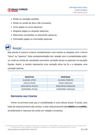 15 de 230
www.grancursosonline.com.br
CONTABILIDADE GERAL
Contas Contábeis
Prof. Claudio Zorzo
•	 Perda na variação cambial;
•	 Perda na venda de ativo não circulante;
•	 Juros pagos ou juros passivos;
•	 Aluguéis pagos ou aluguéis passivos;
•	 Descontos concedidos ou descontos passivos;
•	 Comissões pagas ou comissões passivas.
Nas provas é comum a banca complementar uma receita ou despesa com o termo
“ativo” ou “passivo”. Esta complementação tem relação com a contabilidade públi-
ca, onde as contas de resultados acarretam variação ativas ou passivas na situação
líquida. Assim, a receita representa uma variação ativa na SL e a despesa uma
variação passiva.
RECEITAS DESPESAS
ALUGUEL ATIVO ALUGUEL PASSIVO
JUROS ATIVOS JUROS PASSIVOS
DESCONTOS ATIVOS DESCONTOS PASSIVOS
COMISSÕES ATIVAS COMISSÕES PASSIVAS
Natureza das Contas
Vimos na primeira aula que a contabilidade é uma ciência social. É social, pois
trata do relacionamento das contas; e este relacionamento é a débito e a crédito,
considerando a natureza da conta em relação à empresa.
O conteúdo deste livro eletrônico é licenciado para Nome do Concurseiro(a) - 000.000.000-00, vedada, por quaisquer meios e a qualquer título,
a sua reprodução, cópia, divulgação ou distribuição, sujeitando-se aos infratores à responsabilização civil e criminal.
 