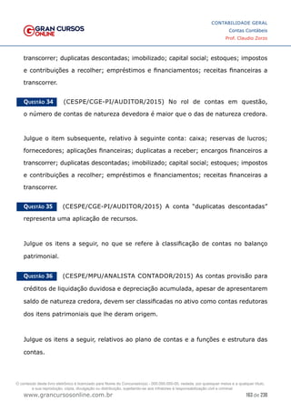 163 de 230
www.grancursosonline.com.br
CONTABILIDADE GERAL
Contas Contábeis
Prof. Claudio Zorzo
transcorrer; duplicatas descontadas; imobilizado; capital social; estoques; impostos
e contribuições a recolher; empréstimos e financiamentos; receitas financeiras a
transcorrer.
Questão 34    (CESPE/CGE-PI/AUDITOR/2015) No rol de contas em questão,
o número de contas de natureza devedora é maior que o das de natureza credora.
Julgue o item subsequente, relativo à seguinte conta: caixa; reservas de lucros;
fornecedores; aplicações financeiras; duplicatas a receber; encargos financeiros a
transcorrer; duplicatas descontadas; imobilizado; capital social; estoques; impostos
e contribuições a recolher; empréstimos e financiamentos; receitas financeiras a
transcorrer.
Questão 35    (CESPE/CGE-PI/AUDITOR/2015) A conta “duplicatas descontadas”
representa uma aplicação de recursos.
Julgue os itens a seguir, no que se refere à classificação de contas no balanço
patrimonial.
Questão 36    (CESPE/MPU/ANALISTA CONTADOR/2015) As contas provisão para
créditos de liquidação duvidosa e depreciação acumulada, apesar de apresentarem
saldo de natureza credora, devem ser classificadas no ativo como contas redutoras
dos itens patrimoniais que lhe deram origem.
Julgue os itens a seguir, relativos ao plano de contas e a funções e estrutura das
contas.
O conteúdo deste livro eletrônico é licenciado para Nome do Concurseiro(a) - 000.000.000-00, vedada, por quaisquer meios e a qualquer título,
a sua reprodução, cópia, divulgação ou distribuição, sujeitando-se aos infratores à responsabilização civil e criminal.
 