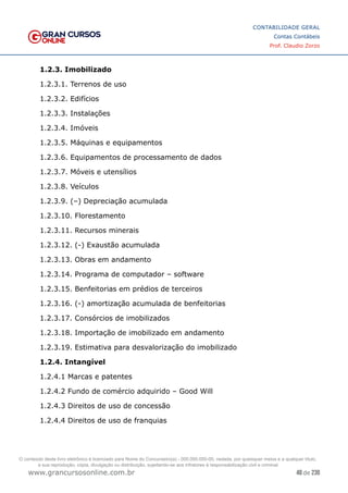 48 de 230
www.grancursosonline.com.br
CONTABILIDADE GERAL
Contas Contábeis
Prof. Claudio Zorzo
1.2.3. Imobilizado
1.2.3.1. Terrenos de uso
1.2.3.2. Edifícios
1.2.3.3. Instalações
1.2.3.4. Imóveis
1.2.3.5. Máquinas e equipamentos
1.2.3.6. Equipamentos de processamento de dados
1.2.3.7. Móveis e utensílios
1.2.3.8. Veículos
1.2.3.9. (–) Depreciação acumulada
1.2.3.10. Florestamento
1.2.3.11. Recursos minerais
1.2.3.12. (-) Exaustão acumulada
1.2.3.13. Obras em andamento
1.2.3.14. Programa de computador – software
1.2.3.15. Benfeitorias em prédios de terceiros
1.2.3.16. (-) amortização acumulada de benfeitorias
1.2.3.17. Consórcios de imobilizados
1.2.3.18. Importação de imobilizado em andamento
1.2.3.19. Estimativa para desvalorização do imobilizado
1.2.4. Intangível
1.2.4.1 Marcas e patentes
1.2.4.2 Fundo de comércio adquirido – Good Will
1.2.4.3 Direitos de uso de concessão
1.2.4.4 Direitos de uso de franquias
O conteúdo deste livro eletrônico é licenciado para Nome do Concurseiro(a) - 000.000.000-00, vedada, por quaisquer meios e a qualquer título,
a sua reprodução, cópia, divulgação ou distribuição, sujeitando-se aos infratores à responsabilização civil e criminal.
 