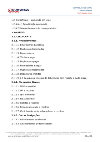 49 de 230
www.grancursosonline.com.br
CONTABILIDADE GERAL
Contas Contábeis
Prof. Claudio Zorzo
1.2.4.5 Software – comprado em lojas
1.2.4.6 (-) Amortização acumulada
1.2.4.7 Desenvolvimento de novos produtos
2. PASSIVO
2.1. CIRCULANTE
2.1.1. Financiamentos
2.1.1.1. Empréstimos bancários
2.1.1.2. Duplicatas descontadas
2.1.1.3. Fornecedores
2.1.1.4. Títulos a pagar
2.1.1.5. Duplicatas a pagar
2.1.1.6. Promissórias a pagar
2.1.1.7. Duplicatas descontadas
2.1.1.8. Debêntures emitidas
2.1.1.9. (-) Deságio na emissão de debêntures com resgate a curto prazo
2.1.2. Obrigações Fiscais
2.1.2.1. ICMS a recolher
2.1.2.2. IPI a recolher
2.1.2.3. ISS a recolher
2.1.2.4. PIS a recolher
2.1.2.5. COFINS a recolher
2.1.2.6. Imposto de renda a recolher
2.1.2.7. Contribuição social sobre o lucro a recolher
2.1.3. Outras Obrigações
2.1.3.1. Adiantamento de clientes
2.1.3.2. Adiantamentos de fornecedores
O conteúdo deste livro eletrônico é licenciado para Nome do Concurseiro(a) - 000.000.000-00, vedada, por quaisquer meios e a qualquer título,
a sua reprodução, cópia, divulgação ou distribuição, sujeitando-se aos infratores à responsabilização civil e criminal.
 