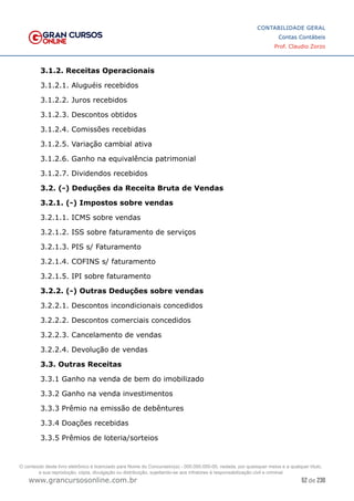 52 de 230
www.grancursosonline.com.br
CONTABILIDADE GERAL
Contas Contábeis
Prof. Claudio Zorzo
3.1.2. Receitas Operacionais
3.1.2.1. Aluguéis recebidos
3.1.2.2. Juros recebidos
3.1.2.3. Descontos obtidos
3.1.2.4. Comissões recebidas
3.1.2.5. Variação cambial ativa
3.1.2.6. Ganho na equivalência patrimonial
3.1.2.7. Dividendos recebidos
3.2. (-) Deduções da Receita Bruta de Vendas
3.2.1. (-) Impostos sobre vendas
3.2.1.1. ICMS sobre vendas
3.2.1.2. ISS sobre faturamento de serviços
3.2.1.3. PIS s/ Faturamento
3.2.1.4. COFINS s/ faturamento
3.2.1.5. IPI sobre faturamento
3.2.2. (-) Outras Deduções sobre vendas
3.2.2.1. Descontos incondicionais concedidos
3.2.2.2. Descontos comerciais concedidos
3.2.2.3. Cancelamento de vendas
3.2.2.4. Devolução de vendas
3.3. Outras Receitas
3.3.1 Ganho na venda de bem do imobilizado
3.3.2 Ganho na venda investimentos
3.3.3 Prêmio na emissão de debêntures
3.3.4 Doações recebidas
3.3.5 Prêmios de loteria/sorteios
O conteúdo deste livro eletrônico é licenciado para Nome do Concurseiro(a) - 000.000.000-00, vedada, por quaisquer meios e a qualquer título,
a sua reprodução, cópia, divulgação ou distribuição, sujeitando-se aos infratores à responsabilização civil e criminal.
 