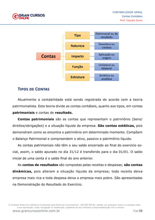 7 de 230
www.grancursosonline.com.br
CONTABILIDADE GERAL
Contas Contábeis
Prof. Claudio Zorzo
Tipos de Contas
Atualmente a contabilidade está sendo registrada de acordo com a teoria
patrimonialista. Esta teoria divide as contas contábeis, quanto aos tipos, em contas
patrimoniais e contas de resultado.
Contas patrimoniais são as contas que representam o patrimônio (bens/
direitos/obrigações) e a situação líquida da empresa. São contas estáticas, pois
demonstram como se encontra o patrimônio em determinado momento. Compõem
o Balanço Patrimonial e compreendem o ativo, passivo e patrimônio líquido.
As contas patrimoniais não têm o seu saldo encerrado ao final do exercício so-
cial, assim, o saldo apurado no dia 31/12 é transferido para o dia 01/01. O saldo
inicial de uma conta é o saldo final do ano anterior.
As contas de resultados são compostas pelas receitas e despesas; são contas
dinâmicas, pois alteram a situação líquida da empresa; toda receita deixa
empresa mais rica e toda despesa deixa a empresa mais pobre. São apresentadas
na Demonstração do Resultado do Exercício.
O conteúdo deste livro eletrônico é licenciado para Nome do Concurseiro(a) - 000.000.000-00, vedada, por quaisquer meios e a qualquer título,
a sua reprodução, cópia, divulgação ou distribuição, sujeitando-se aos infratores à responsabilização civil e criminal.
 