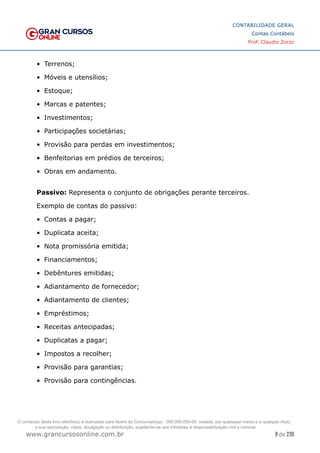 9 de 230
www.grancursosonline.com.br
CONTABILIDADE GERAL
Contas Contábeis
Prof. Claudio Zorzo
•	 Terrenos;
•	 Móveis e utensílios;
•	 Estoque;
•	 Marcas e patentes;
•	 Investimentos;
•	 Participações societárias;
•	 Provisão para perdas em investimentos;
•	 Benfeitorias em prédios de terceiros;
•	 Obras em andamento.
Passivo: Representa o conjunto de obrigações perante terceiros.
Exemplo de contas do passivo:
•	 Contas a pagar;
•	 Duplicata aceita;
•	 Nota promissória emitida;
•	 Financiamentos;
•	 Debêntures emitidas;
•	 Adiantamento de fornecedor;
•	 Adiantamento de clientes;
•	 Empréstimos;
•	 Receitas antecipadas;
•	 Duplicatas a pagar;
•	 Impostos a recolher;
•	 Provisão para garantias;
•	 Provisão para contingências.
O conteúdo deste livro eletrônico é licenciado para Nome do Concurseiro(a) - 000.000.000-00, vedada, por quaisquer meios e a qualquer título,
a sua reprodução, cópia, divulgação ou distribuição, sujeitando-se aos infratores à responsabilização civil e criminal.
 