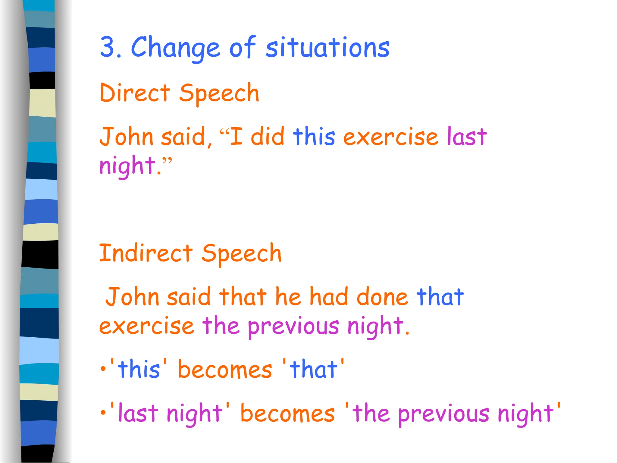 3. Change of situations
Direct Speech
John said, “I did this exercise last
night.”
Indirect Speech
John said that he had done that
exercise the previous night.
•'this' becomes 'that'
•'last night' becomes 'the previous night'
 