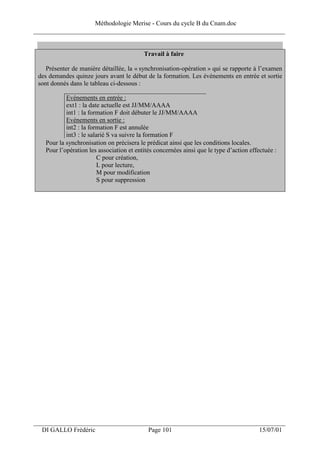 Méthodologie Merise - Cours du cycle B du Cnam.doc
______________________________________________________________________________


                                          Travail à faire

    Présenter de manière détaillée, la « synchronisation-opération » qui se rapporte à l’examen
 des demandes quinze jours avant le début de la formation. Les événements en entrée et sortie
 sont donnés dans le tableau ci-dessous :

           Evénements en entrée :
           ext1 : la date actuelle est JJ/MM/AAAA
           int1 : la formation F doit débuter le JJ/MM/AAAA
           Evénements en sortie :
           int2 : la formation F est annulée
           int3 : le salarié S va suivre la formation F
   Pour la synchronisation on précisera le prédicat ainsi que les conditions locales.
   Pour l’opération les association et entités concernées ainsi que le type d’action effectuée :
                         C pour création,
                         L pour lecture,
                         M pour modification
                         S pour suppression




___________________________________________________________________
  DI GALLO Frédéric                         Page 101                                     15/07/01
 