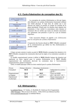 Méthodologie Merise - Cours du cycle B du Cnam.doc
______________________________________________________________________________



               4.1) Cycle d'abstraction de conception des S.I.

                                  La conception du système d'information se fait par étapes,
                               afin d'aboutir à un système d'information fonctionnel reflétant
                               une réalité physique. Il s'agit donc de valider une à une
                               chacune des étapes en prenant en compte les résultats de la
                               phase précédente. D'autre part, les données étant séparées des
                               traitements, il faut vérifier la concordance entre données et
                               traitement afin de vérifier que toutes les données nécessaires
                               aux traitements sont présentes et qu'il n'y a pas de données
                               superflues.

                                 Cette succession d'étapes est appelée cycle d'abstraction
                               pour la conception des systèmes d'information:

                               L'expression des besoins aboutit au MCC (Modèle conceptuel
                               de la communication) qui définit les flux d'informations à
                               prendre compte.


    L'étape suivante consiste à mettre au point le MCD (Modèle conceptuel des données) et le
 MCT (Modèle conceptuel des traitements) décrivant les règles et les contraintes à prendre en
 compte.
    Le modèle organisationnel consiste à définir le MLD (Modèle logique des données) qui
 représente un choix logiciel pour le système d'information et le MOT (Modèle
 organisationnel des traitements) décrivant les contraintes dues à l'environnement
 (organisationnel, spatial et temporel).
    Enfin, le modèle physique reflète un choix matériel pour le système d'information.

 Niveau            Statique (données)   Dynamique (traitements)
 Conceptuel               MCD                   MCT                 Indépendant du système:
                                                                    QUOI ?
 Organisationnel         MLD                      MOT               Choix du SGBD:
 ou logique              (OU ?)              (QUI ? QUAND ?)        QUI ? QUAND ? OU ?
 Opérationnel            MPD                     MOPT               Haute connaissance du
 ou physique                                                        SGBD: COMMENT ?



               4.2) Bibliographie :
   La méthode Merise : H. Tardieu, A. Rochfeld, R. Coletti aux Ed. d’organisation
   AMC*Designor : Mise en œuvre de merise – Gilles GUEJ aux Editions Eyrolles
   www.commentcamarche.net: La méthode Merise.



___________________________________________________________________
  DI GALLO Frédéric                        Page 11                                   15/07/01
 