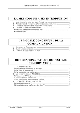 Méthodologie Merise - Cours du cycle B du Cnam.doc
______________________________________________________________________________




          LA METHODE MERISE: INTRODUCTION
     I. LE SYSTEME D’INFORMATION DANS L’ENTREPRISE ......................................................5
     II. ARCHITECTURE & CONCEPTION D’UN SYSTEME D’INFORMATION ................................7
     III.    SYSTEME D’INFORMATION ET SYSTEME INFORMATIQUE ..........................................8
     IV.     CONCLUSION ET OBJECTIF DU COURS .......................................................................9
        4.1) Cycle d'abstraction de conception des S.I. ...........................................................11
        4.2) Bibliographie : ......................................................................................................11




                  LE MODELE CONCEPTUEL DE LA
                       COMMUNICATION
     I. DEFINITION DE L'ORGANISATION ...............................................................................14
     II. DIAGRAMME DE CONTEXTE .......................................................................................15
     III.  DIAGRAMME CONCEPTUEL DE FLUX ......................................................................15




          DESCRIPTION STATIQUE DU SYSTEME
                  D’INFORMATION
     I.    LES CONCEPTS DE BASE .............................................................................................18
        1.1) La propriété (ou attribut ou rubrique)..................................................................18
        1.2) L’entité ou individu-type .......................................................................................19
        1.3) L’association (ou relation-type) ...........................................................................25
     II. LES CONCEPTS ETENDUS (MERISE 2).......................................................................40
        2.1) Le concept d’héritage ...........................................................................................40
        2.2) Les contraintes ensemblistes.................................................................................43
        2.3) L’identification des occurrences d’entités ............................................................53
     III.    REGLES DE CONSTRUCTION D’UN M.C.D...............................................................55
        3.1) modélisation directe..............................................................................................55
        3.2) modélisation par analyse des dép. fonctlles ...........................................................55




___________________________________________________________________
  DI GALLO Frédéric                                         Page 3                                                      15/07/01
 